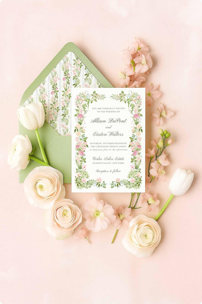 Romantic flat lay of watercolor floral wedding stationery, including invitation  and matching envelope liner styled with soft pastel florals.