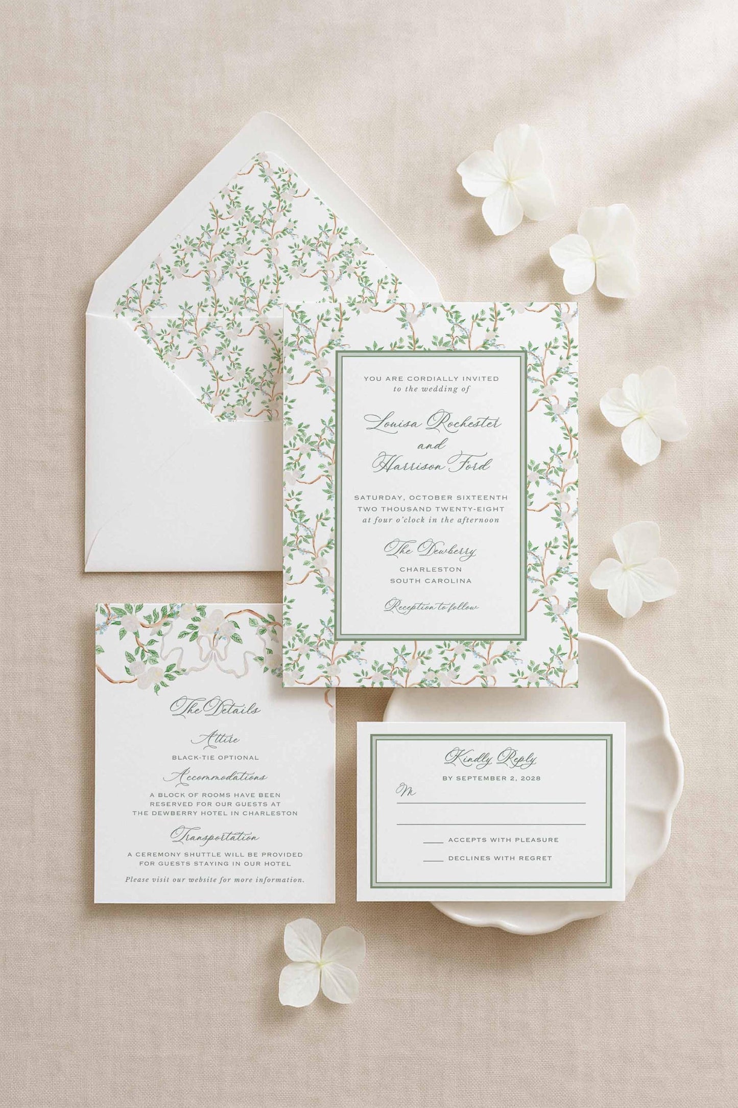 Neutral Chinoiserie Wedding Invitation Suite Template