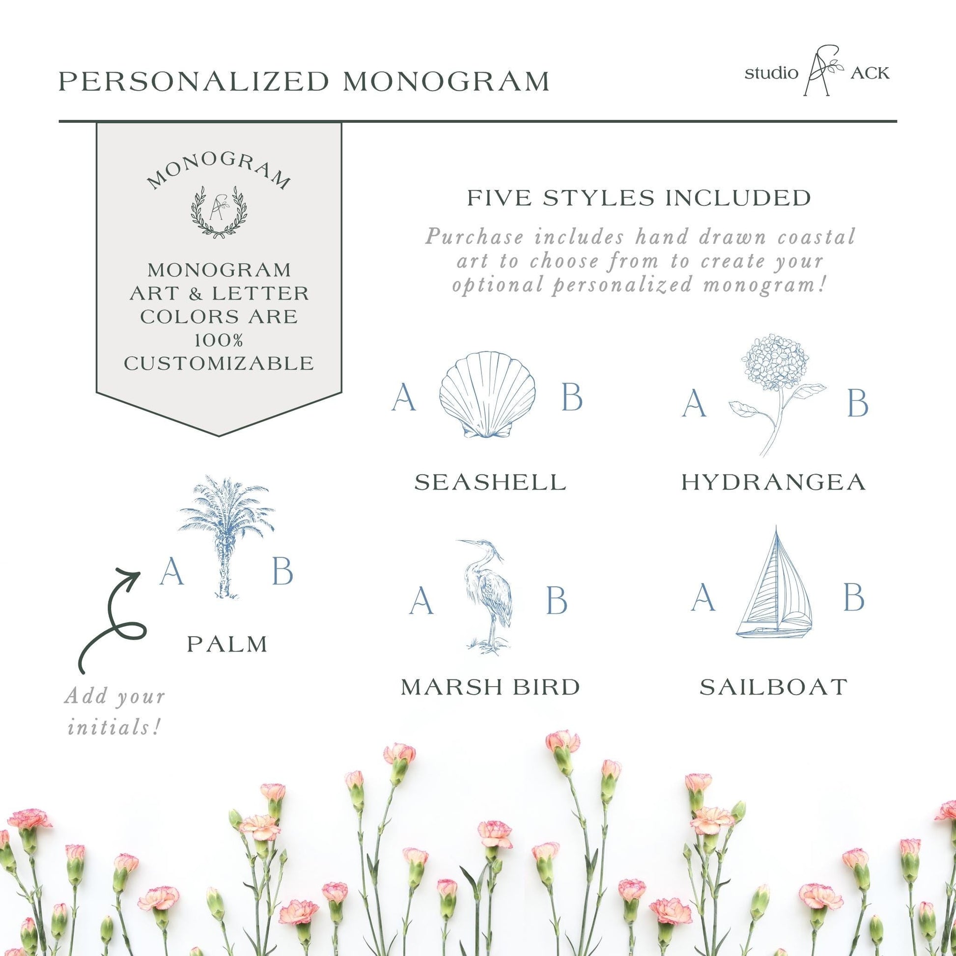 The image is a personalized monogram featuring five different styles, each represented by a unique letter and color combination. The styles include a palm, a seashell, a hydrangea, a marshes bird, and a sailboat. The monogram is customizable, allowing the user to choose their preferred style from the available options.