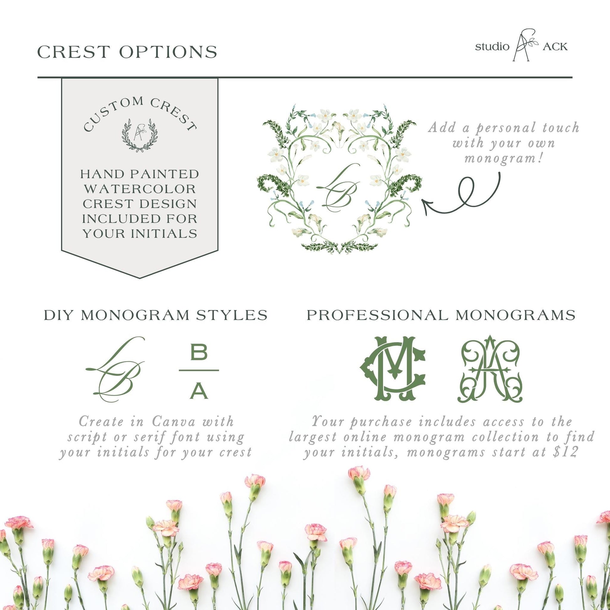 The image is a collage of various monogram styles and options for creating a custom crest. It includes hand-painted watercolor designs, DIY monogram styles, and professional monograms. The image does not contain any text that would describe each individual monogram style or provide additional information about the options available.