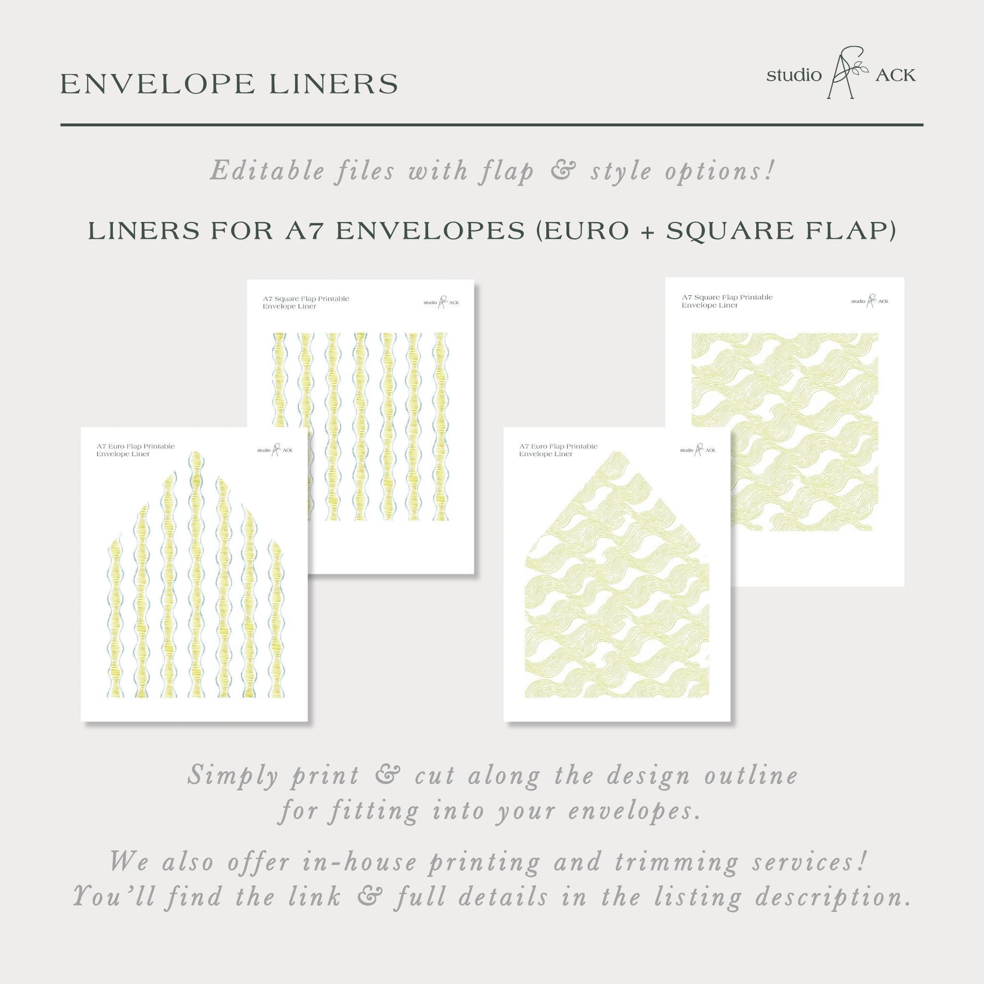 The image is a collection of four envelope liners, each with a unique design, including square flap patterns and a square flap pattern.