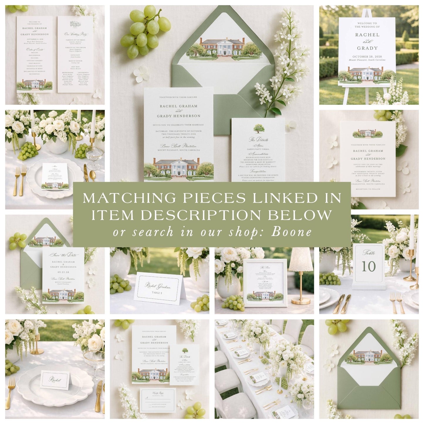 The image is a collage of various wedding-related items, including invitations, stationery, floral arrangements, and other decorative elements, all featuring a green and white color scheme.