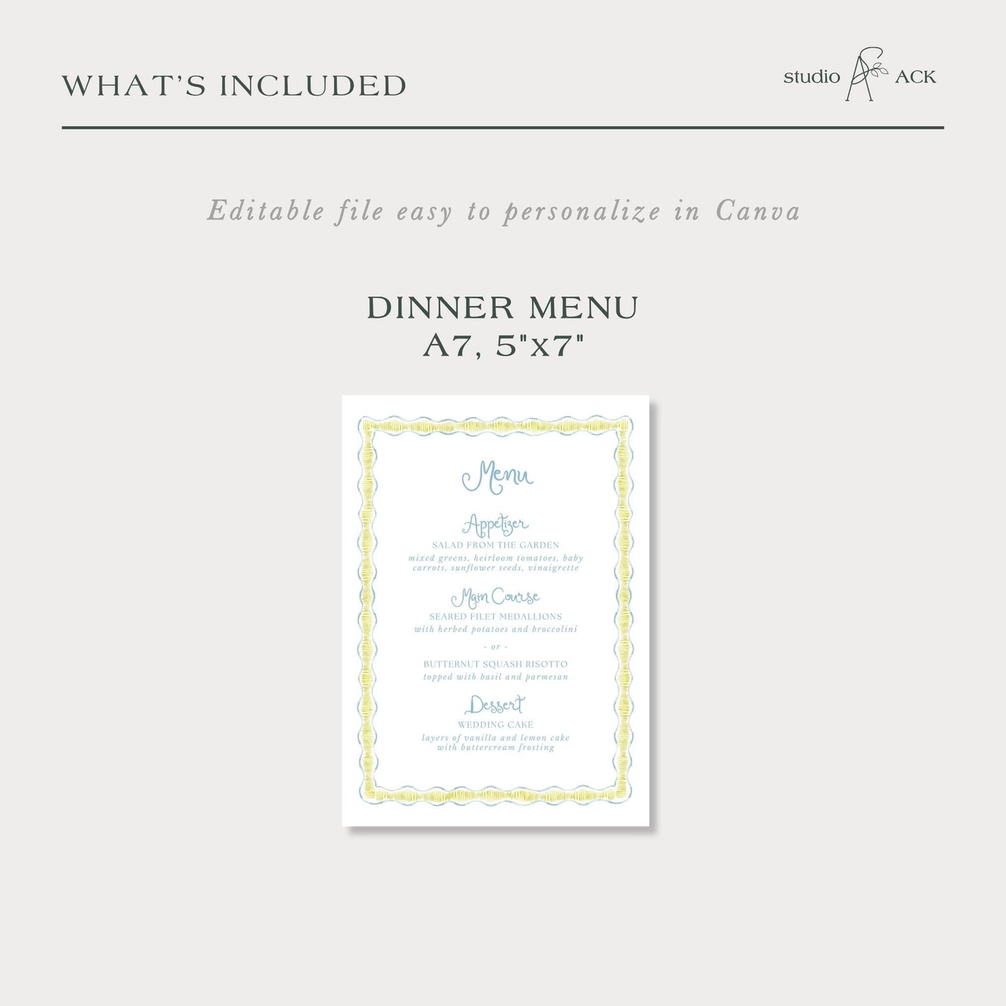 The image is a printed dinner menu with a decorative border, featuring a list of food items and their prices.