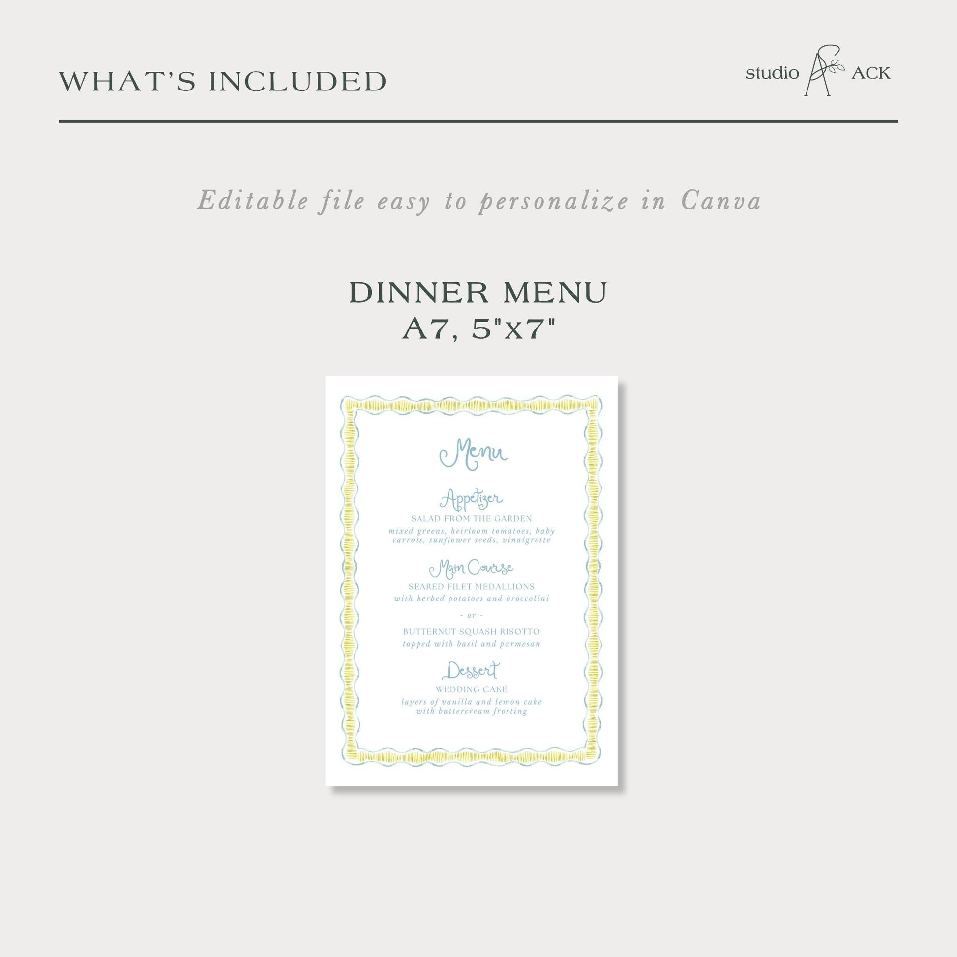 The image is a printed dinner menu with a decorative border, featuring a list of food items and their prices.