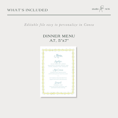 The image is a printed dinner menu with a decorative border, featuring a list of food items and their prices.