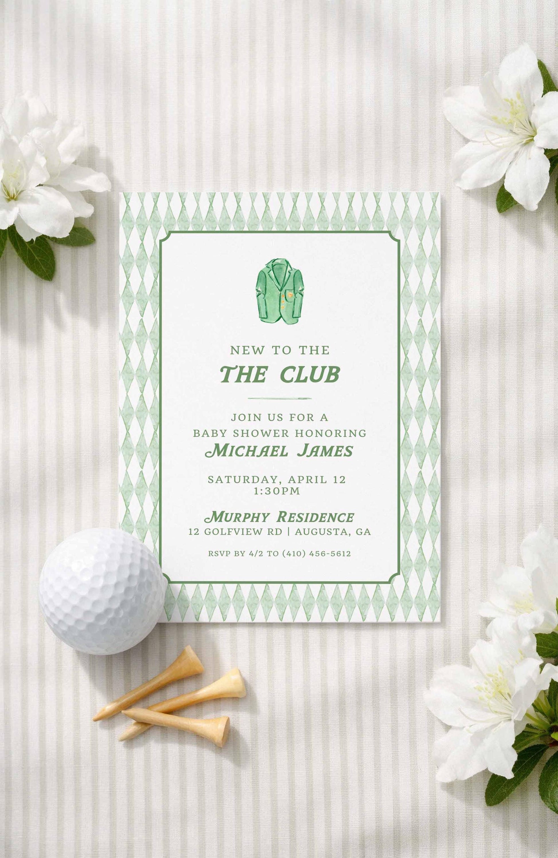 May include: A baby shower invitation with a green and white diamond pattern border. The invitation includes the text "NEW TO THE CLUB" and details for a baby shower honoring Michael James. A golf ball, tees, and white flowers are also present.