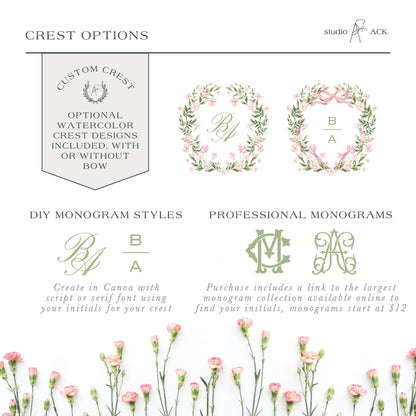 The image is a collage of three different crest options, each with a unique design and style. The crest options include custom crests, DIY monogram styles, and professional monograms. The crest options are presented in a visually appealing manner, with the use of flowers and greenery to enhance the overall aesthetic.