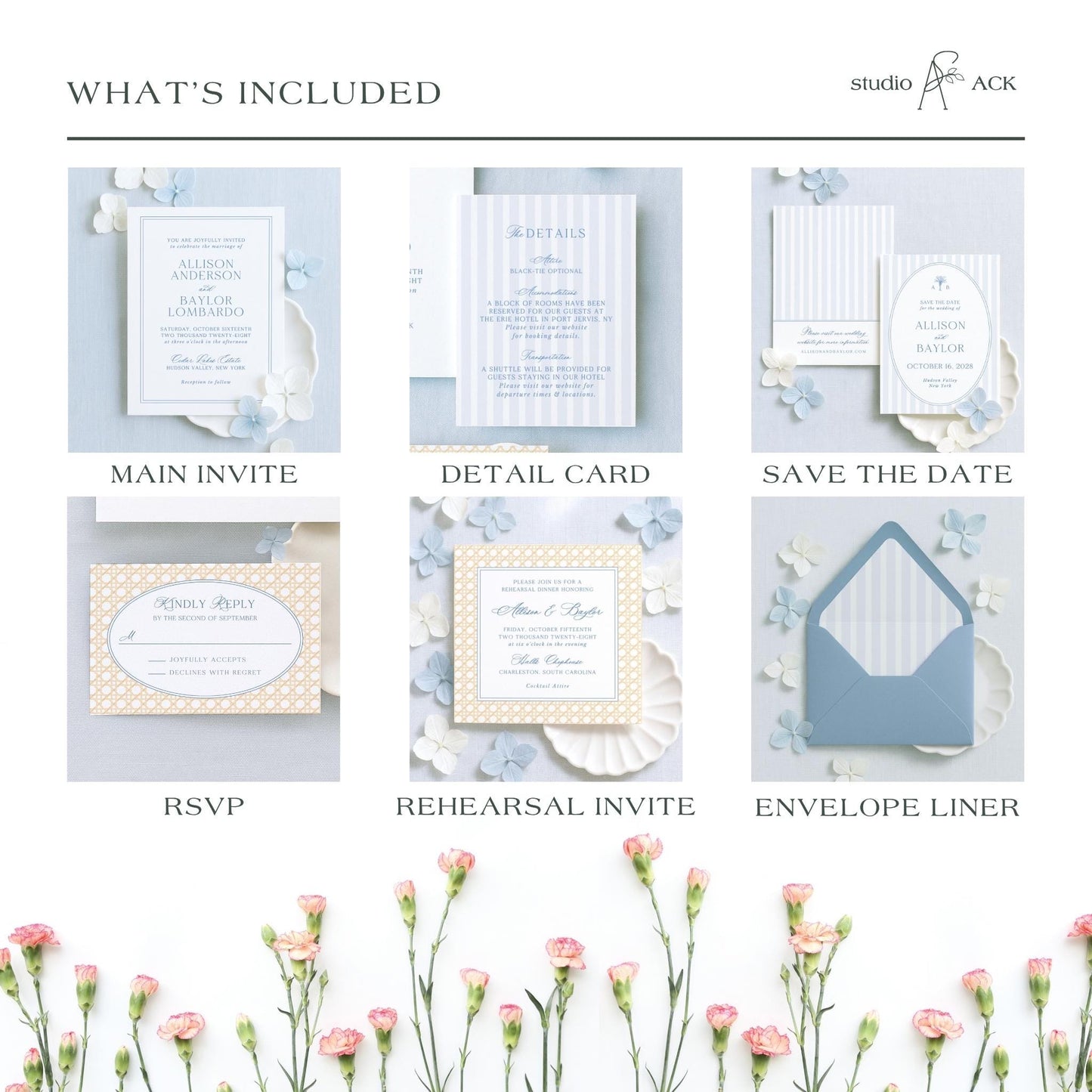 The image is a collage of six different wedding invitation designs, each with unique features and details. The designs include a main invite, a detail card, a save the date, an RSVP, a rehearsal invite, and an envelope liner. The images showcase various styles and themes, such as a white and blue wedding invitation, a white and blue wedding invitation with a floral design, and a white and blue wedding invitation with a polka dot pattern.