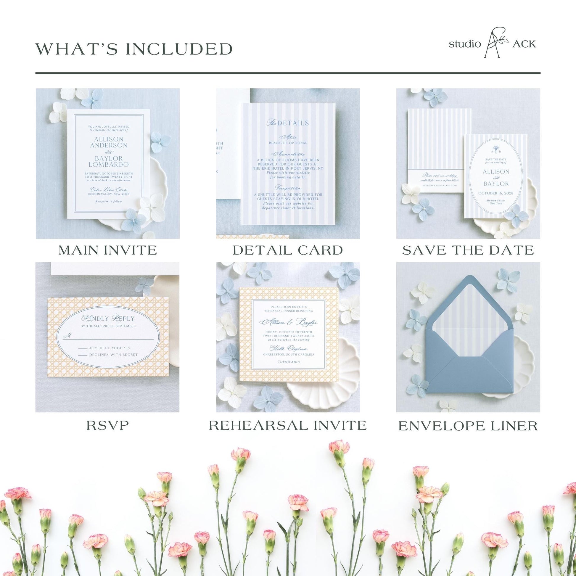 The image is a collage of six different wedding invitation designs, each with unique features and details. The designs include a main invite, a detail card, a save the date, an RSVP, a rehearsal invite, and an envelope liner. The images showcase various styles and themes, such as a white and blue wedding invitation, a white and blue wedding invitation with a floral design, and a white and blue wedding invitation with a polka dot pattern.