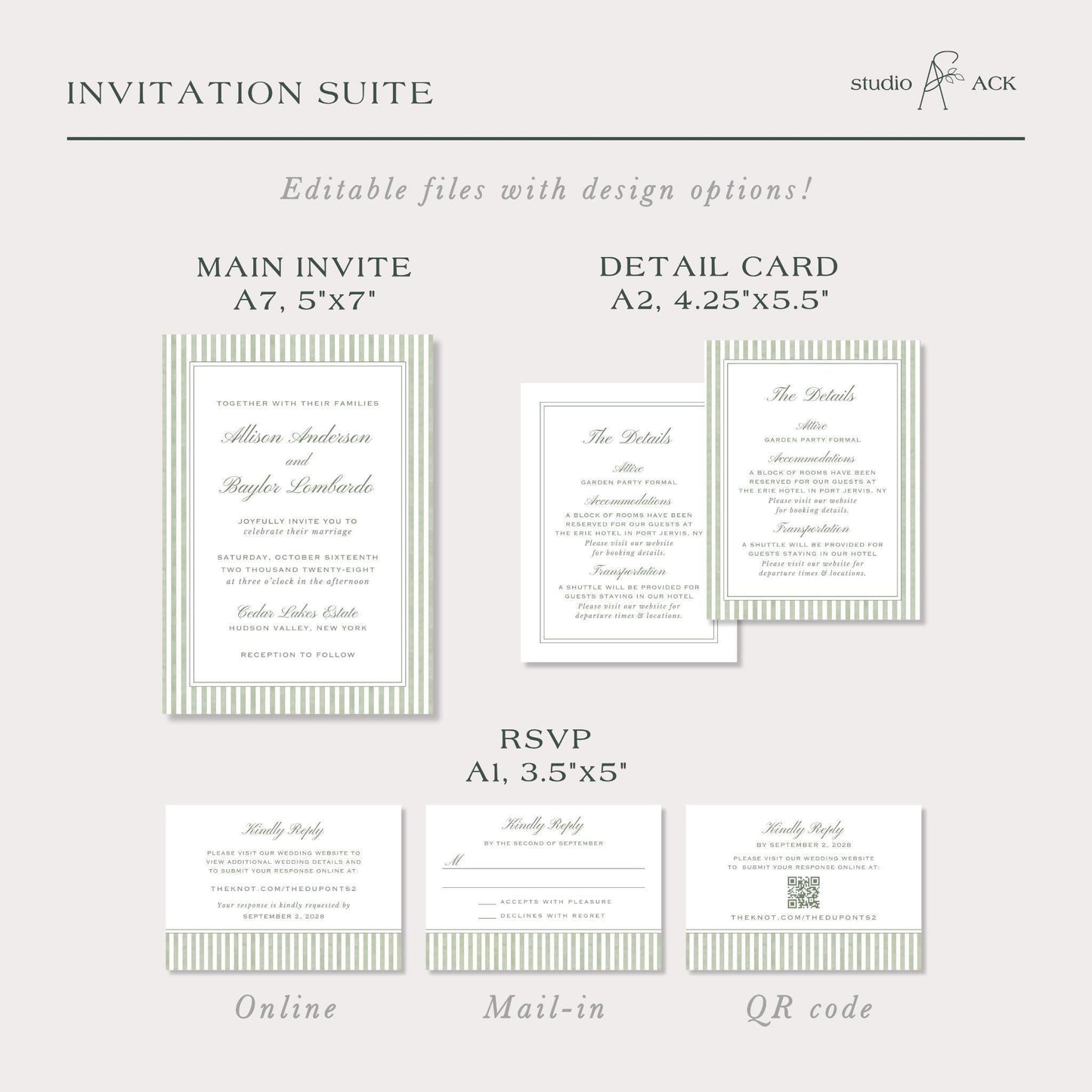 Green Striped Wedding Invitation Suite Template