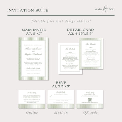 Green Striped Wedding Invitation Suite Template