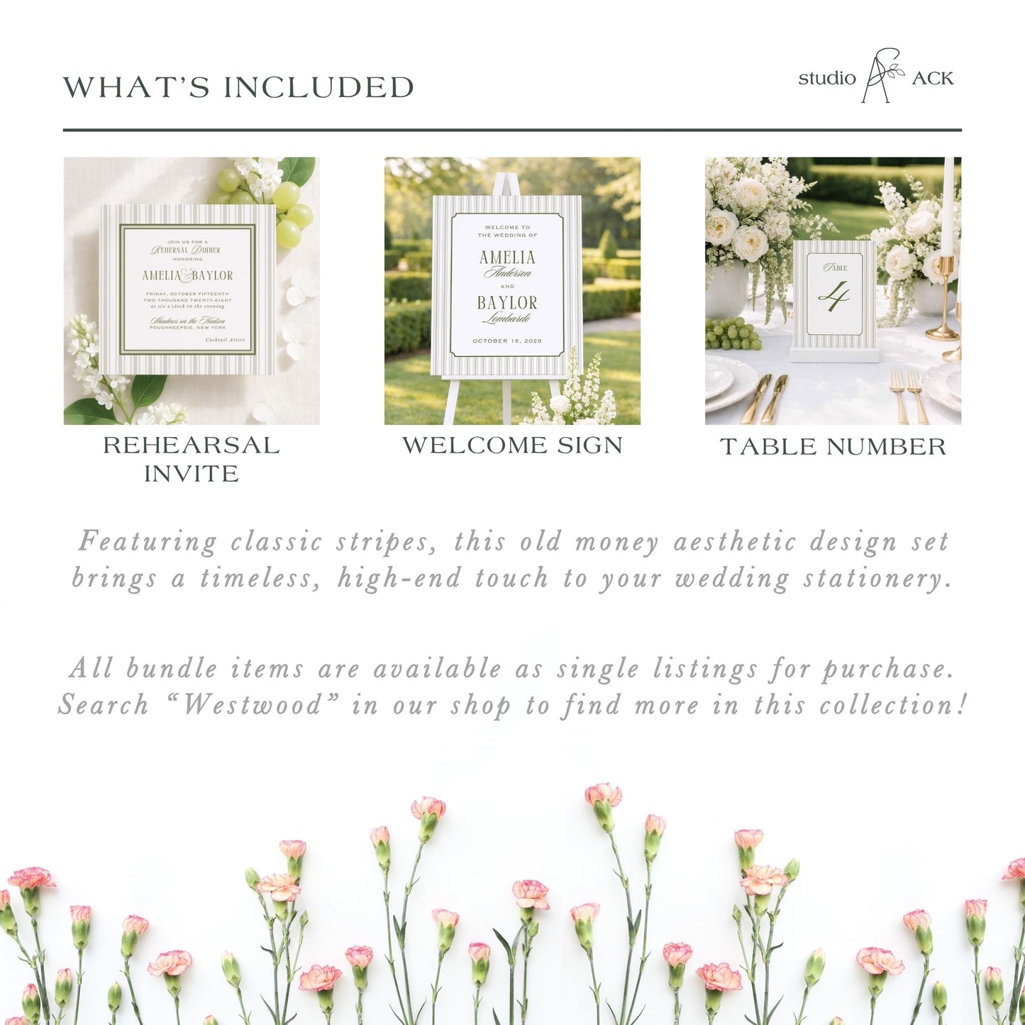 The image is a collage of three wedding-themed images, each featuring a different type of wedding stationery item. The first image shows a wedding invitation, the second image displays a wedding welcome sign, and the third image shows a wedding table number.