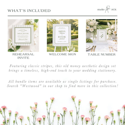 The image is a collage of three wedding-themed images, each featuring a different type of wedding stationery item. The first image shows a wedding invitation, the second image displays a wedding welcome sign, and the third image shows a wedding table number.
