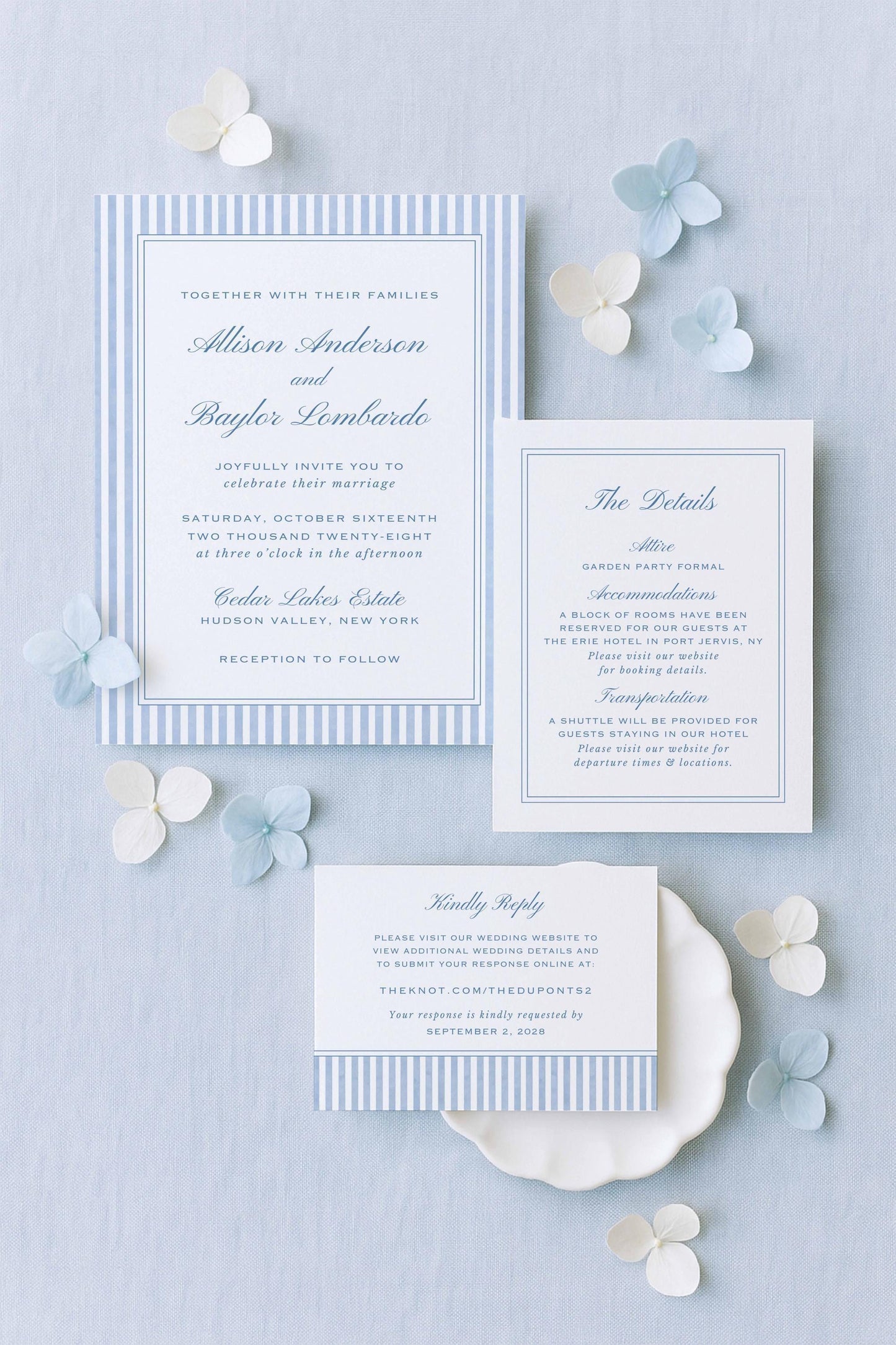 Blue Striped Wedding Invitation Suite Template