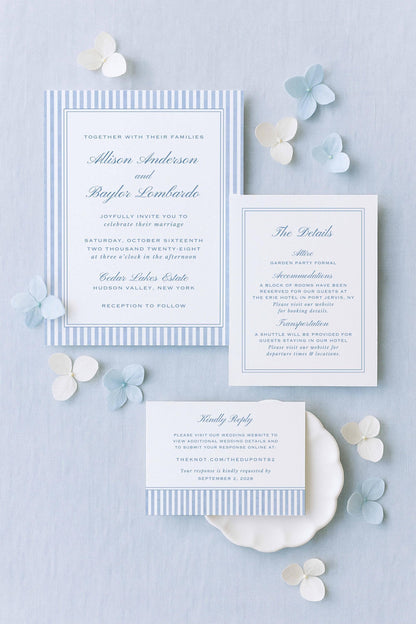 Blue Striped Wedding Invitation Suite Template