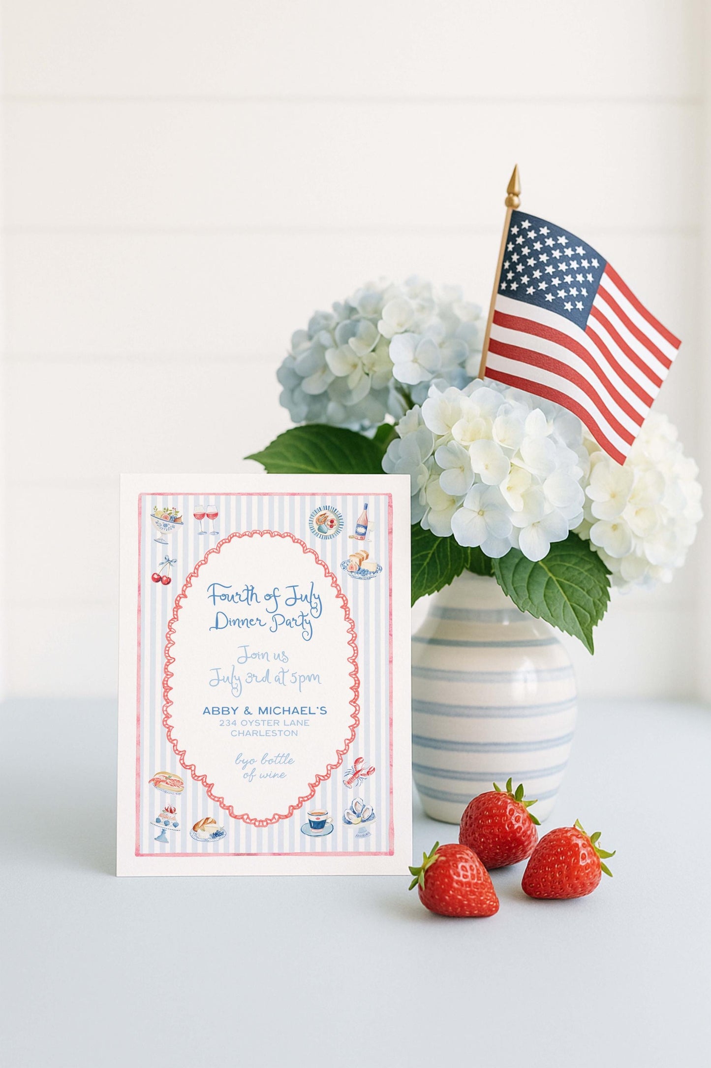 Summer Dinner Party Invitation, Fourth of July Coastal Americana Watercolor Design with Stripes, Adult Gathering Red, White & Blue Invite