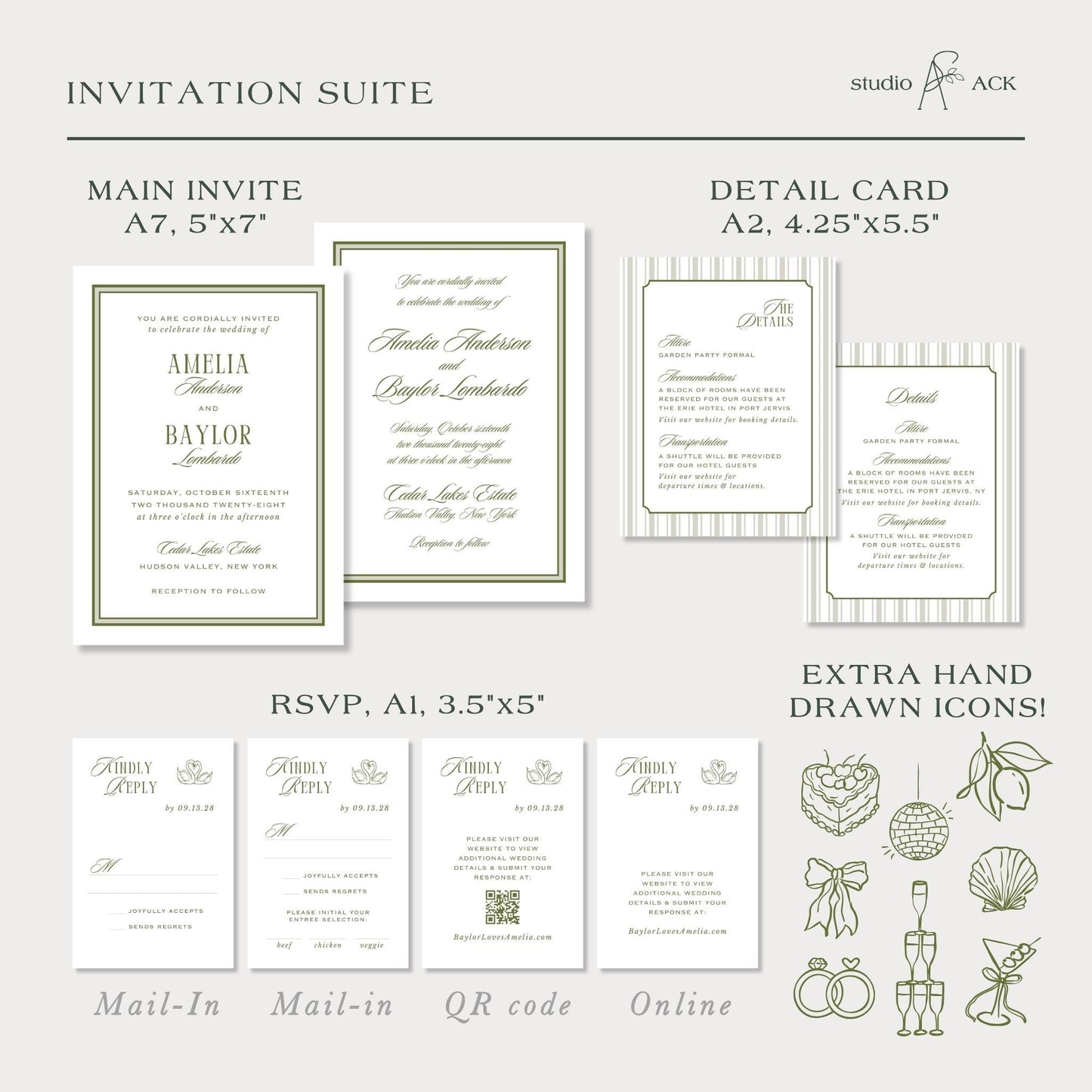a collection of wedding invitation suite details, including the main invitee details, a detailed card, and extra hand drawn icons.