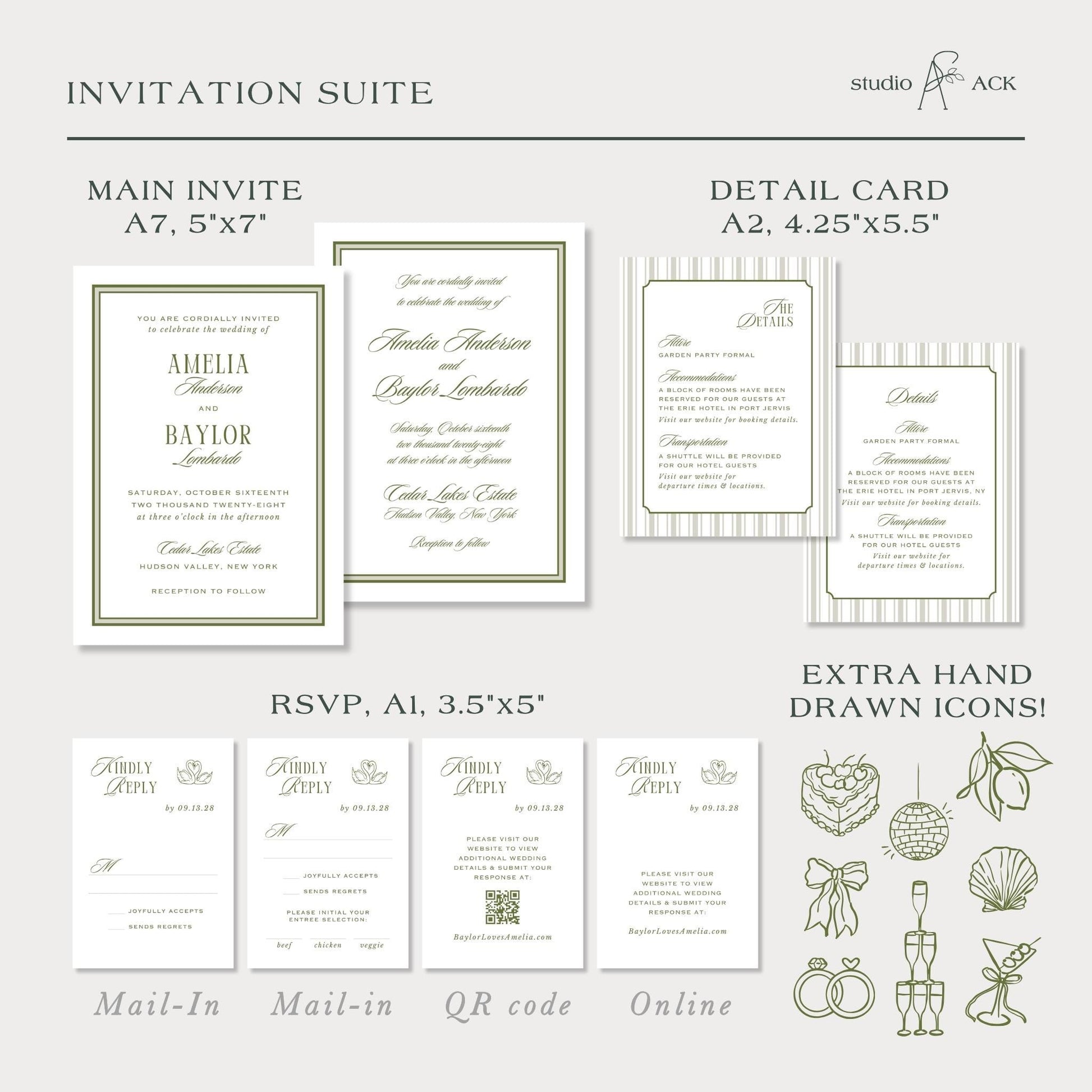 a collection of wedding invitation suite details, including the main invitee details, a detailed card, and extra hand drawn icons.