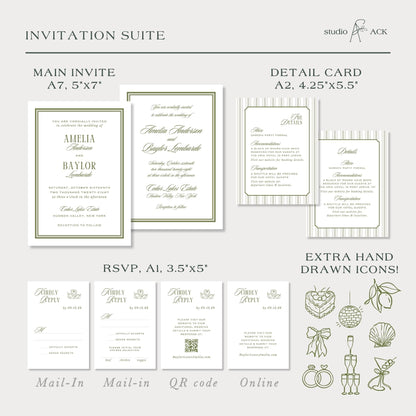 a collection of wedding invitation suite details, including the main invitee details, a detailed card, and extra hand drawn icons.