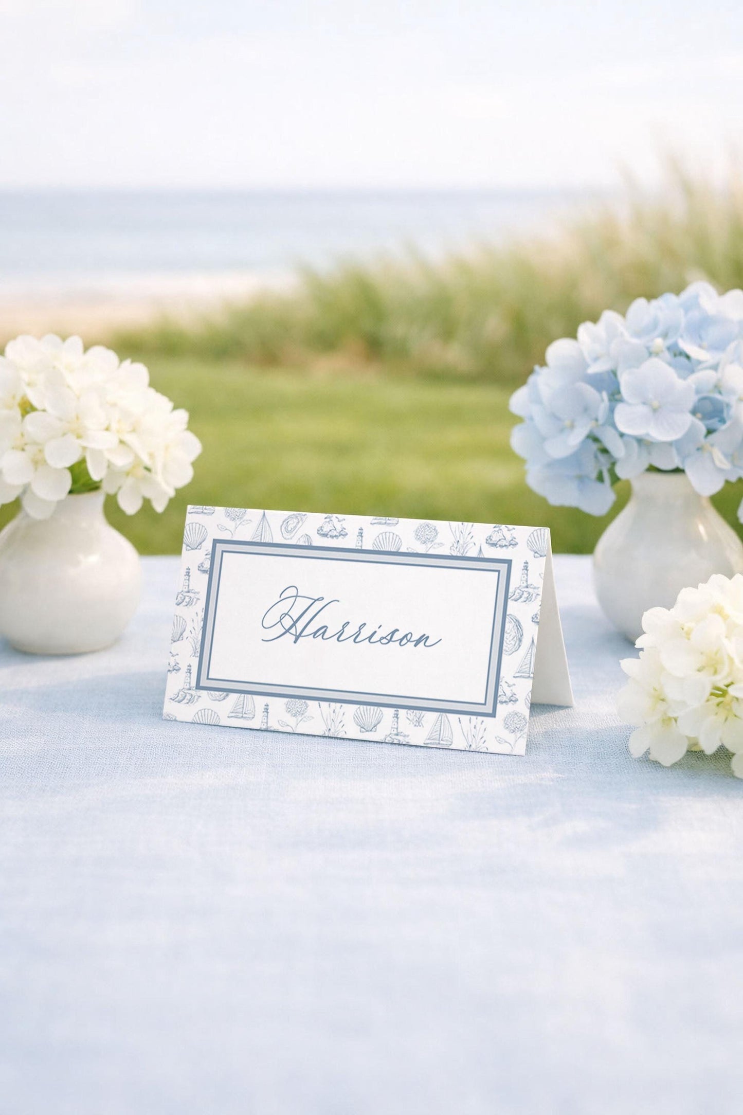 Coastal Toile Wedding Place Card Template