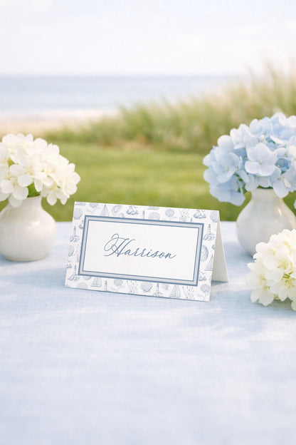 Coastal Toile Wedding Place Card Template