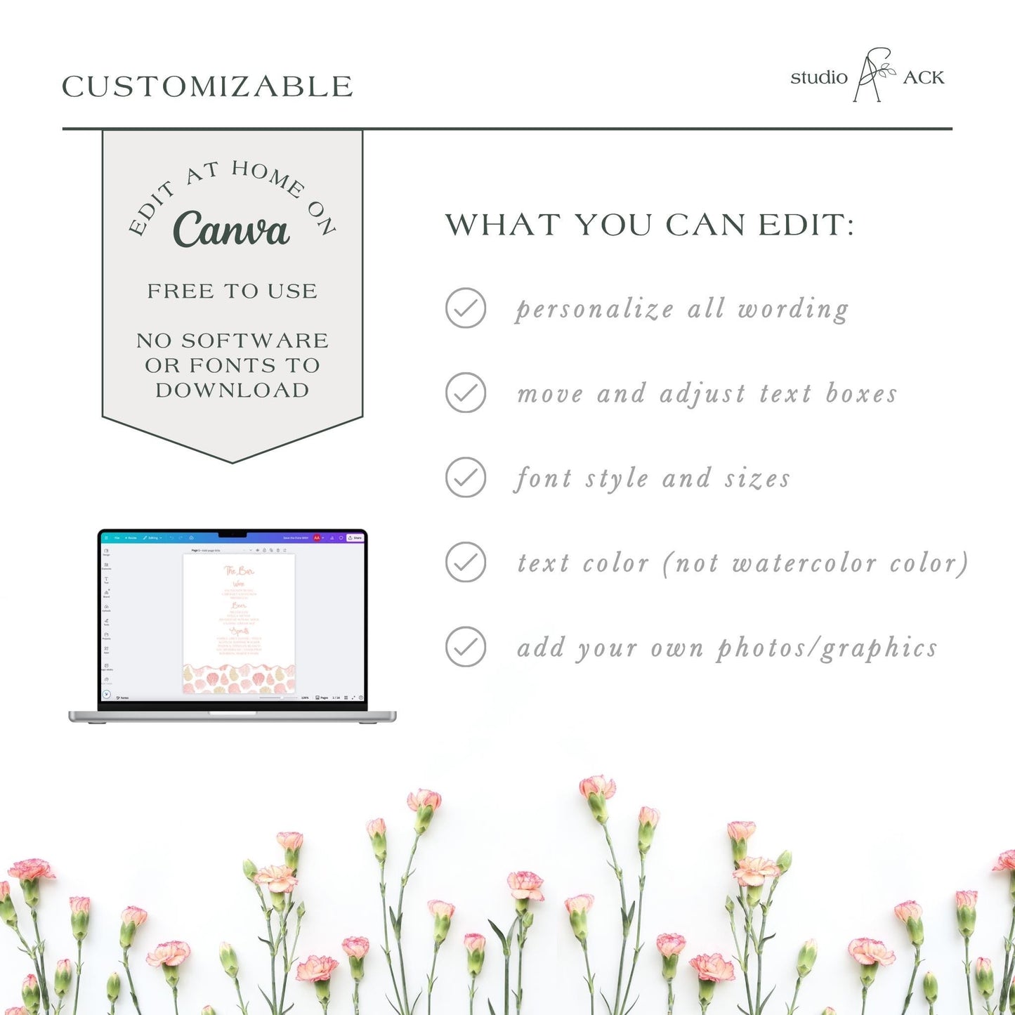 a laptop with a floral background, and there is text that provides information about a customizable editing tool called Canva.