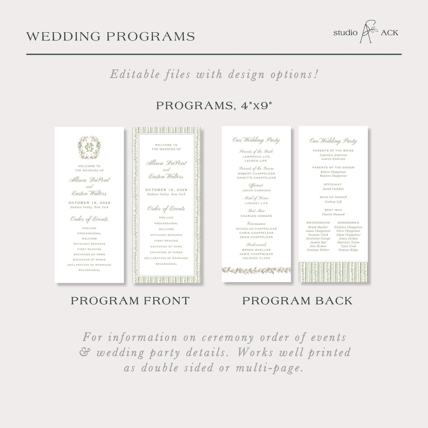 a wedding program with various sections for different types of programs, such as the Program Front and Program Back.