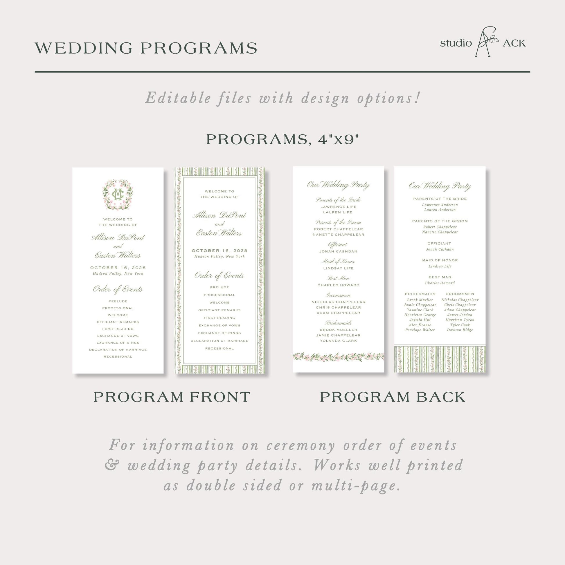 a wedding program with various sections for different types of programs, such as the Program Front and Program Back.