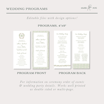 a wedding program with various sections for different types of programs, such as the Program Front and Program Back.
