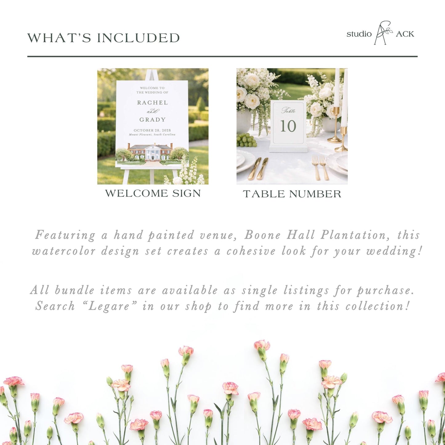 The image is a collage of two images, one depicting a wedding sign and the other showing a table number. The text in the image indicates that the wedding sign and table number are included in the wedding design set, and all bundle items are available as single listings for purchase.