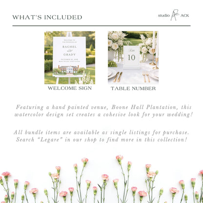The image is a collage of two images, one depicting a wedding sign and the other showing a table number. The text in the image indicates that the wedding sign and table number are included in the wedding design set, and all bundle items are available as single listings for purchase.