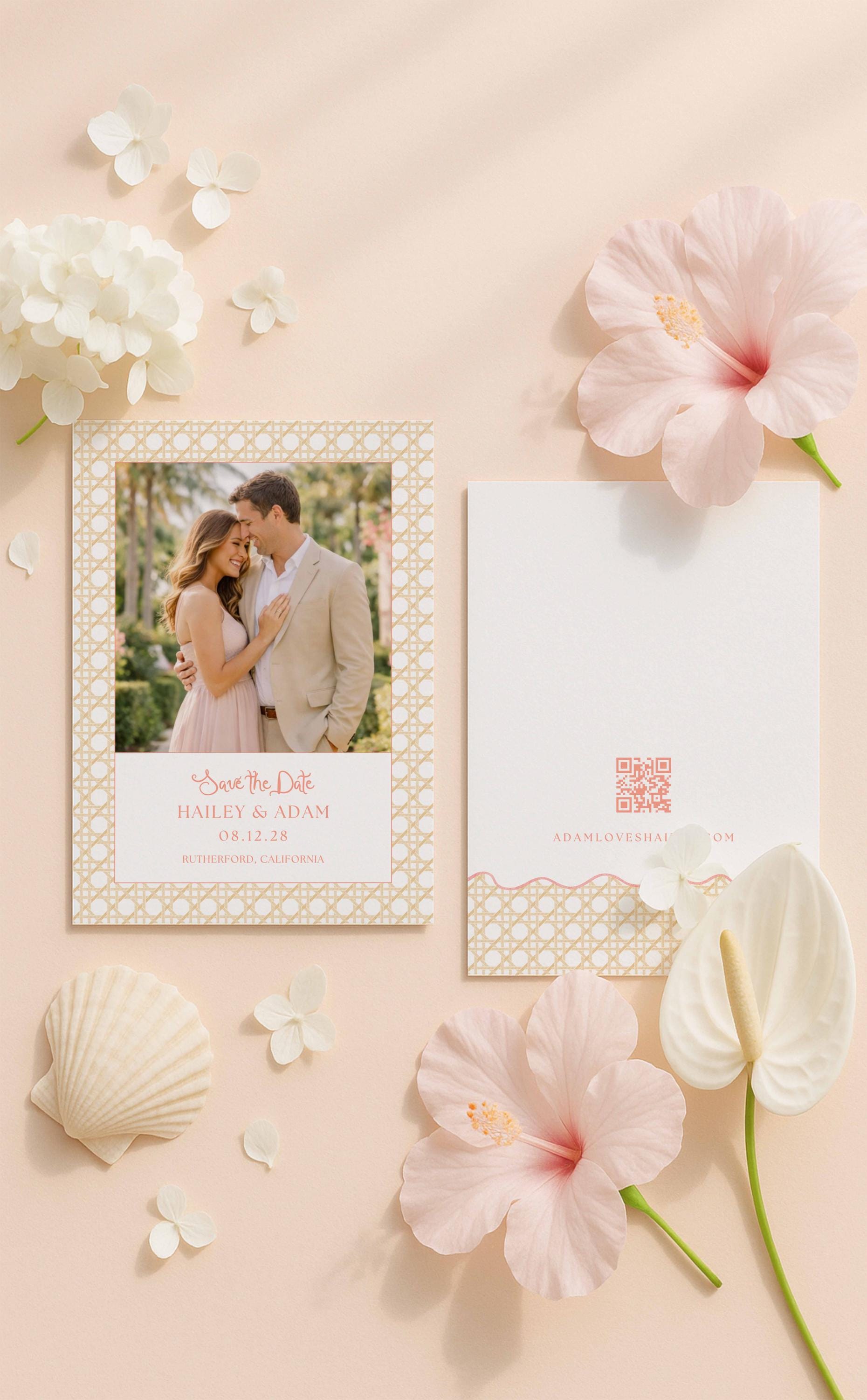 a wedding invitation card with a photo of a couple, surrounded by various floral elements such as hibiscus flowers, seashells, and a white card.