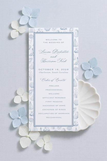 Coastal Toile Wedding Program Template
