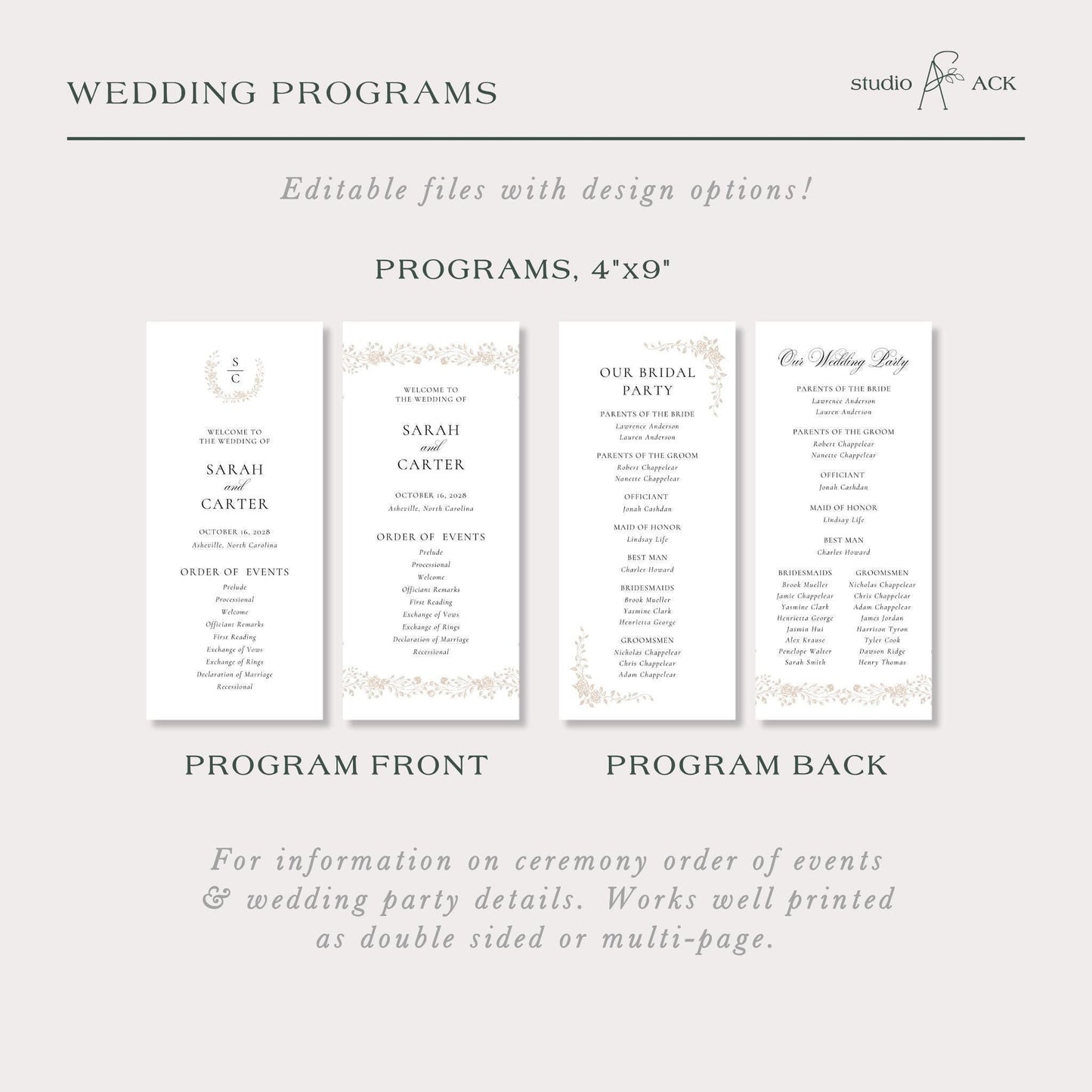 Neutral Floral Line Art Wedding Program Template