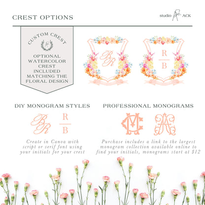 The image is a collage of three images, each depicting a different monogram style: custom crest, DIY monogram styles, and professional monograms. The images showcase the monogram designs in various fonts and lettering, with a floral background. The collage is focused on the presentation and display of these monogram styles, without providing any additional information beyond the images themselves.