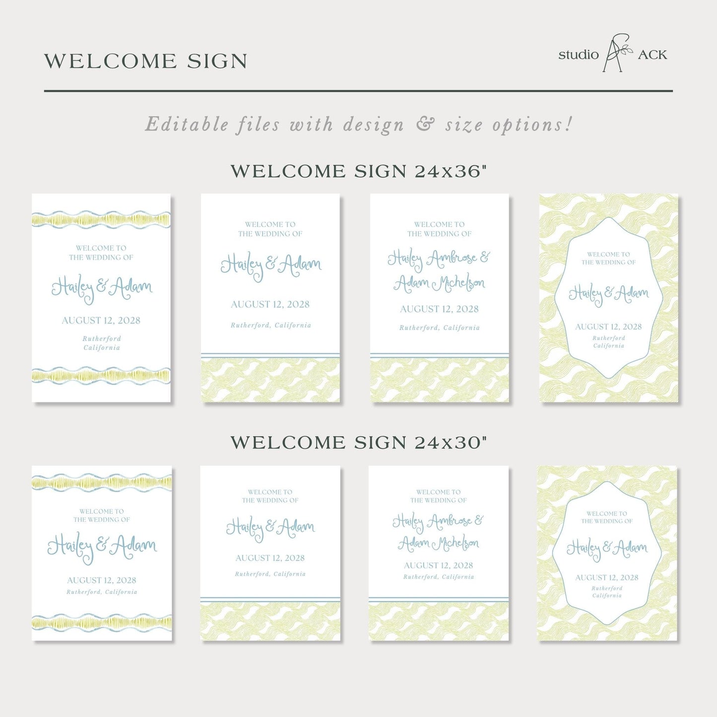 a collection of wedding invitation cards with different designs and sizes, including 24x36" and 24x30" signs.