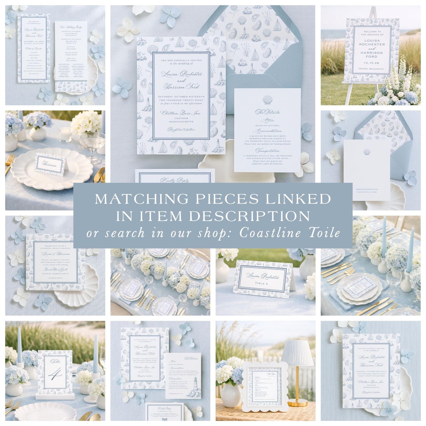 The image is a collage of various wedding-related items, including invitations, place settings, floral arrangements, and other decorative elements, all in a light blue color scheme.
