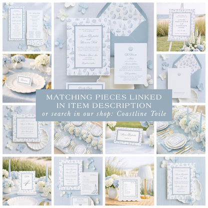 The image is a collage of various wedding-related items, including invitations, place settings, floral arrangements, and other decorative elements, all in a light blue color scheme.