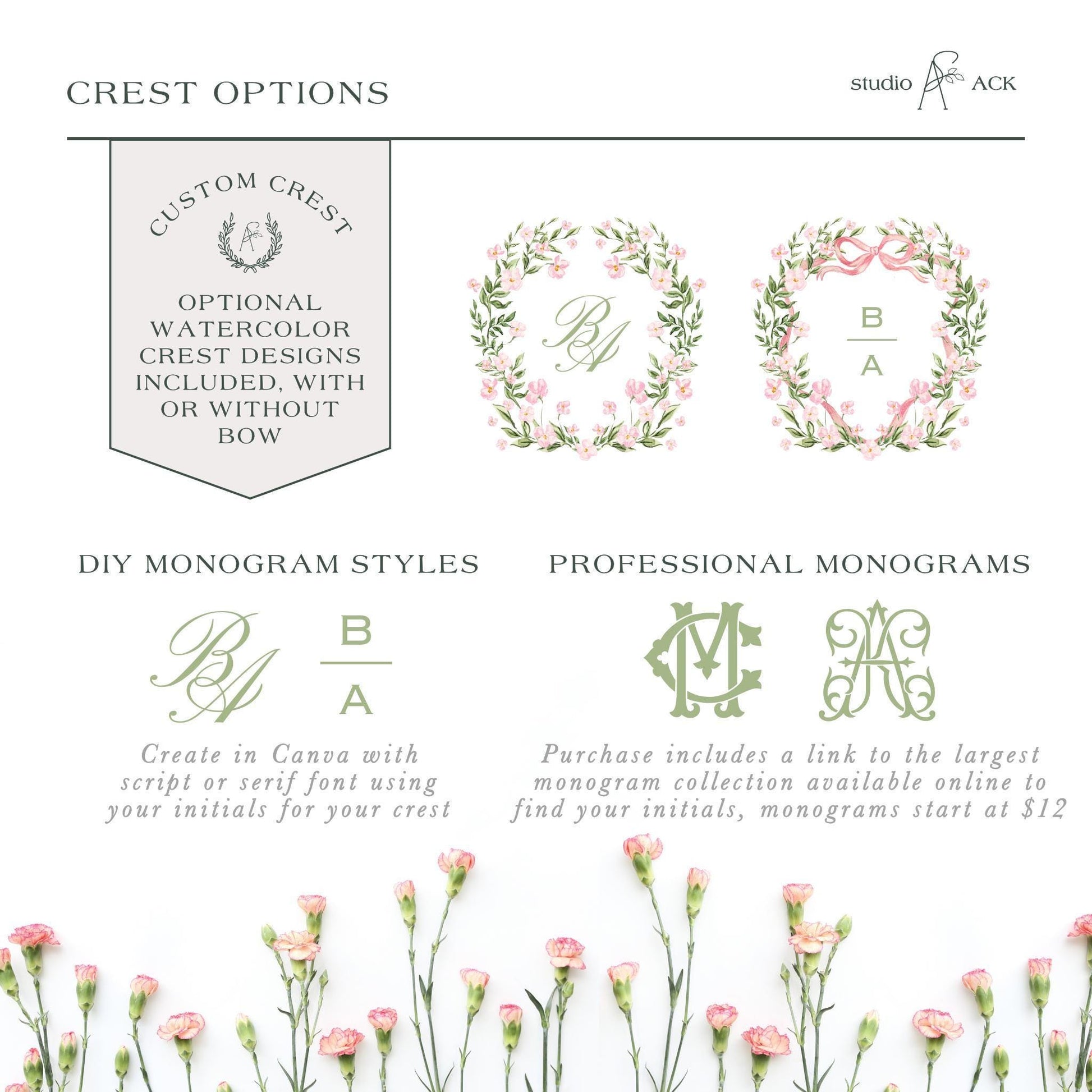 The image is a collage of three different crest options, each with a unique design and style. The crest options include custom crests, DIY monogram styles, and professional monograms. The crest options are presented in a visually appealing manner, with the use of flowers and greenery to enhance the overall aesthetic.