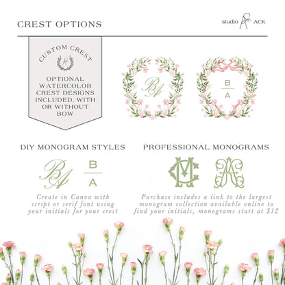 The image is a collage of three different crest options, each with a unique design and style. The crest options include custom crests, DIY monogram styles, and professional monograms. The crest options are presented in a visually appealing manner, with the use of flowers and greenery to enhance the overall aesthetic.