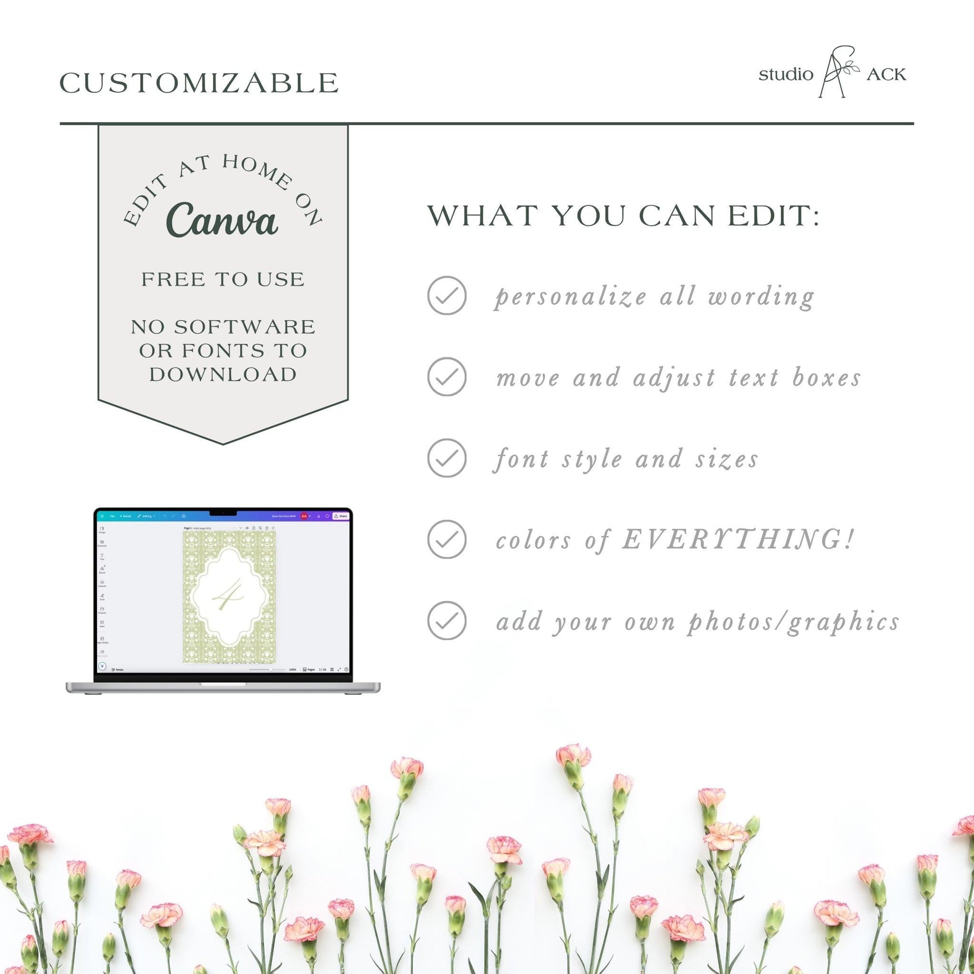 a laptop with a floral background, and there is a list of customizable options available for editing Canva graphics.