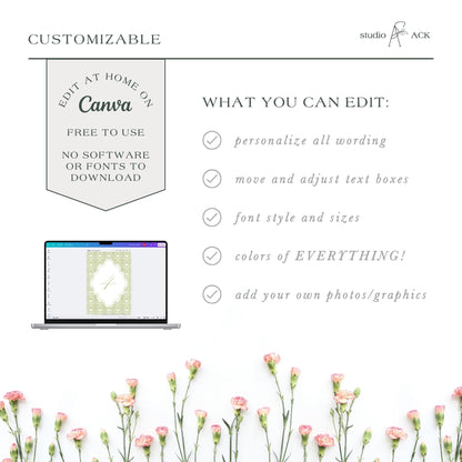 a laptop with a floral background, and there is a list of customizable options available for editing Canva graphics.