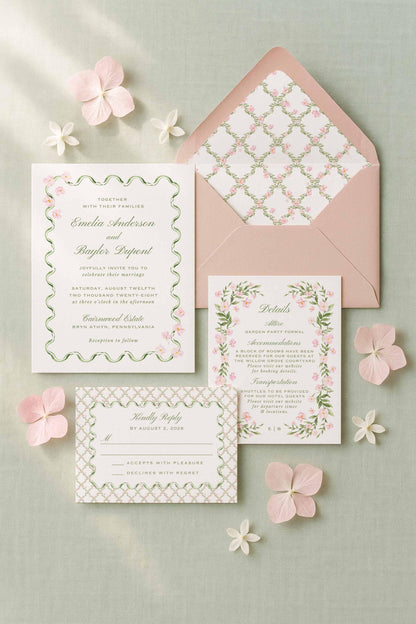 Watercolor Trellis Wedding Invitation Suite Template