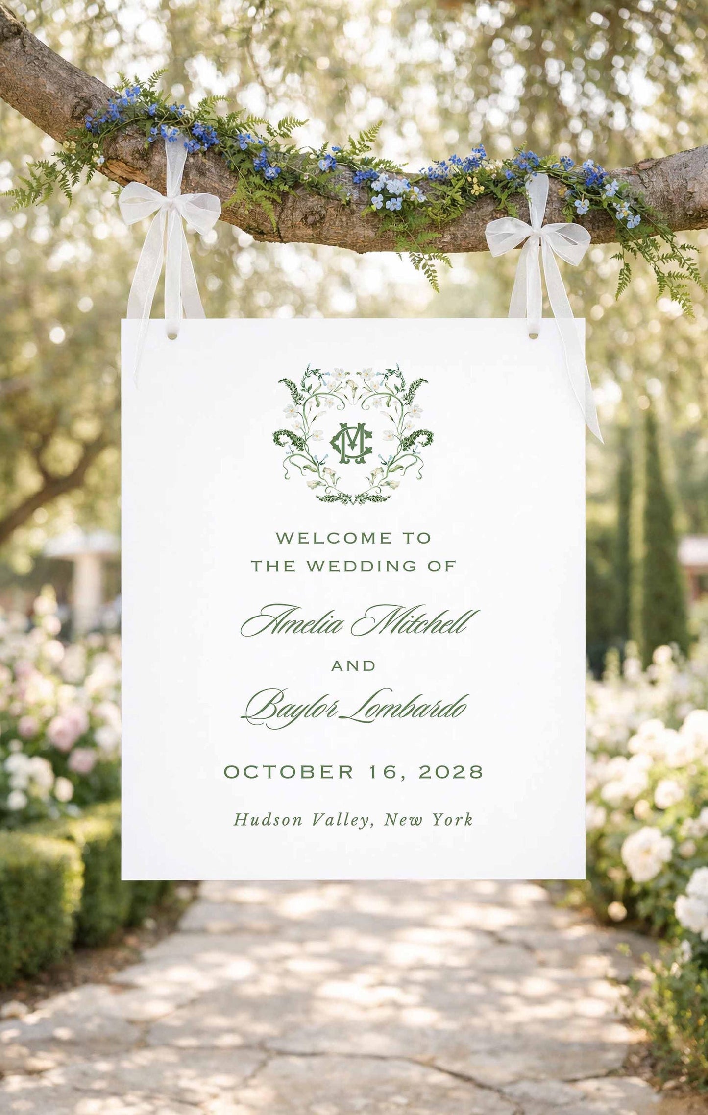 Blue, White & Green Wedding Welcome Sign Template