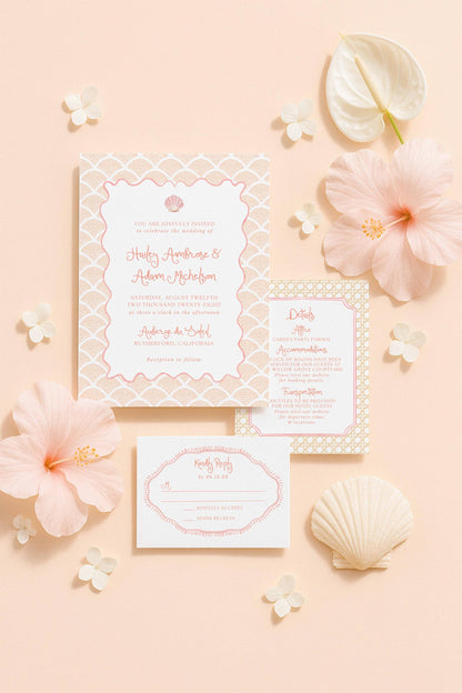 a wedding invitation with a pink and white color scheme, surrounded by various floral elements such as hibiscus flowers and seashells.