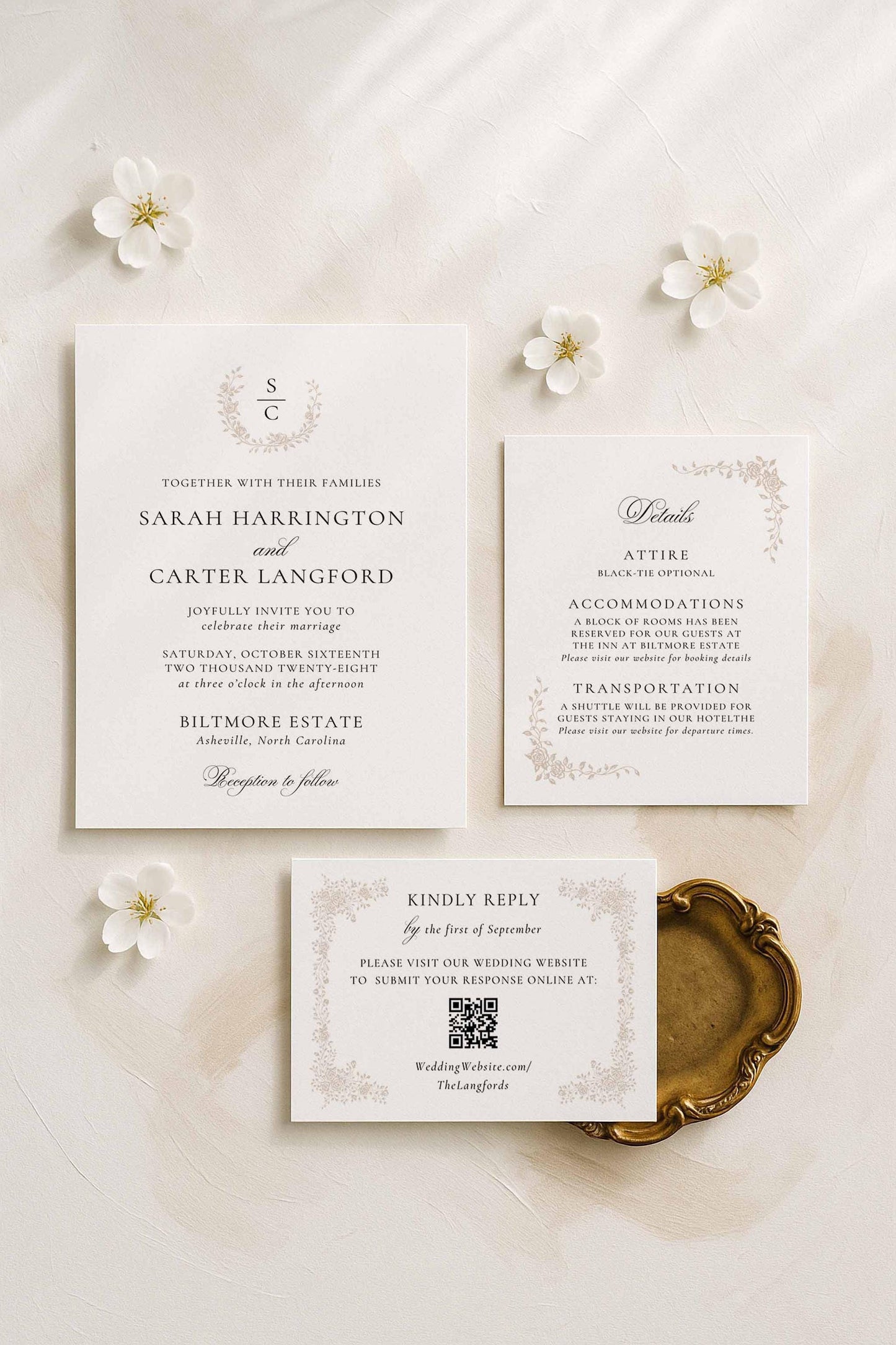 Neutral floral wedding invitation with hand drawn botanical line art and minimalist typography on a beige background.