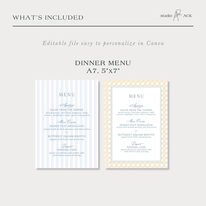 a dining menu for a wedding cake, featuring a blue and white striped design and a gold and white geometric pattern.