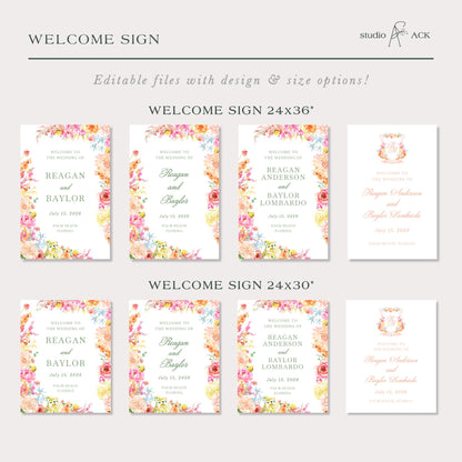 a collection of wedding invitation cards with floral designs, each featuring the names of the bride and groom, and the date of the wedding. The cards are arranged in a grid format, with two rows and three columns.
