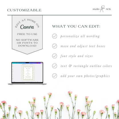 Watercolor Trellis Wedding Bar Menu Template