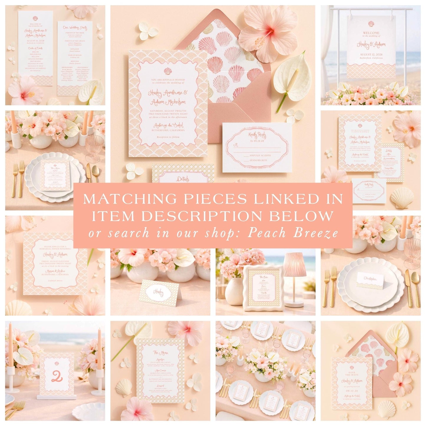The image is a collage of various wedding-related items and decorations, including wedding invitations, place settings, floral arrangements, and other accessories, all in a peach and white color scheme.